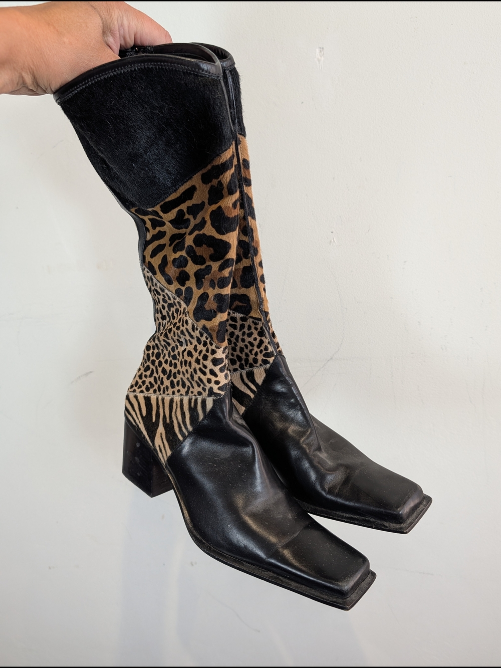 Vero Cuoio Black and Tan Leopard Patchwork Mid-Calf Boot, Size 38 - Picture 6 of 7